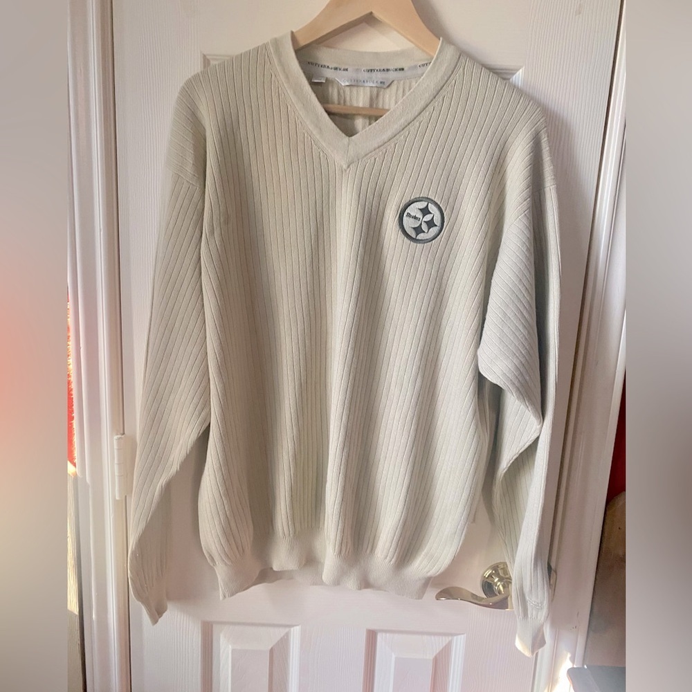 Mens cutter and buck beige V-neck long sleeve sweater with Steelers logo XL
